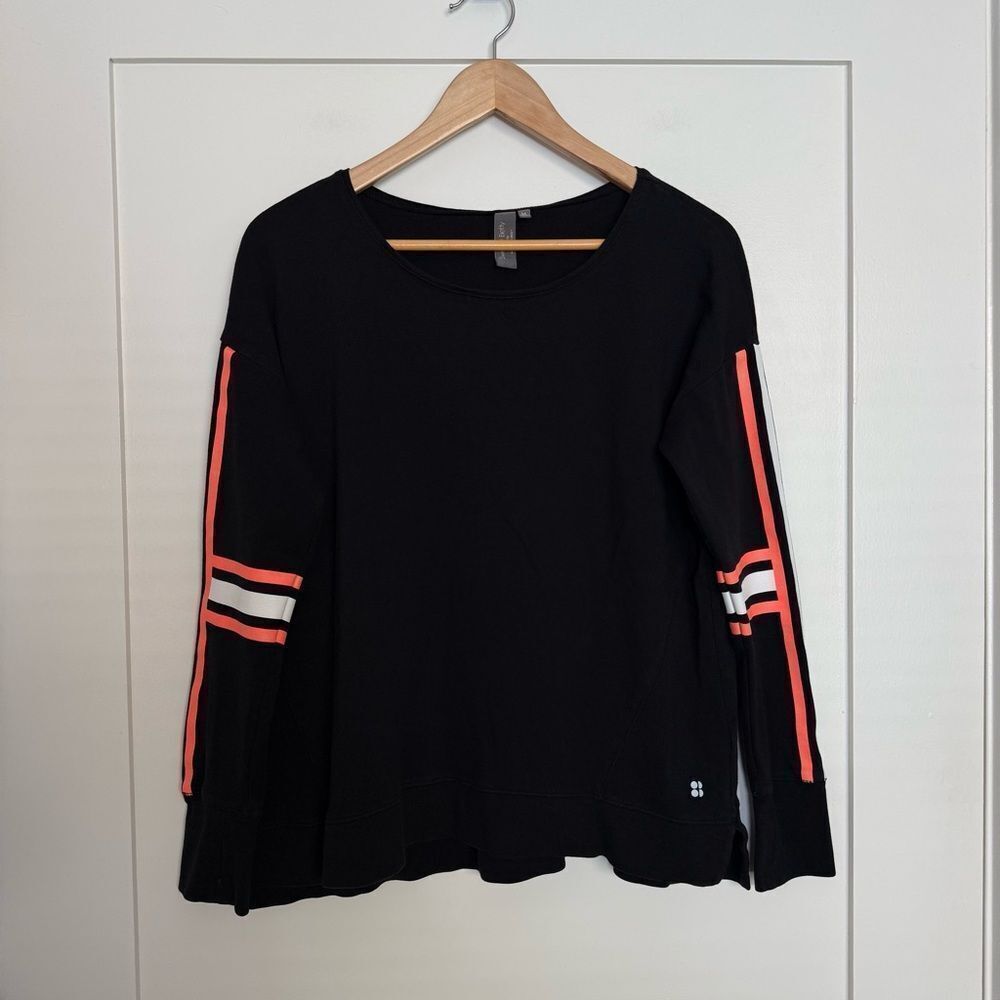Sweaty Betty Sweatshirt Womens Sz M Black Side Stripe Crew Neck Logo Athleisure